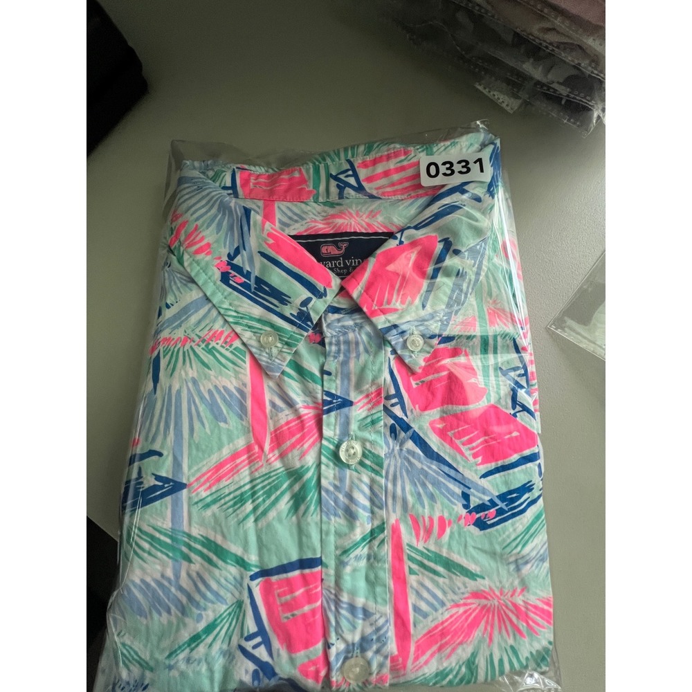Vineyard Vines Mens XXL Beach Chair Palm Tree Print Cotton Whale Shirt Pink Blue - Picture 8 of 8